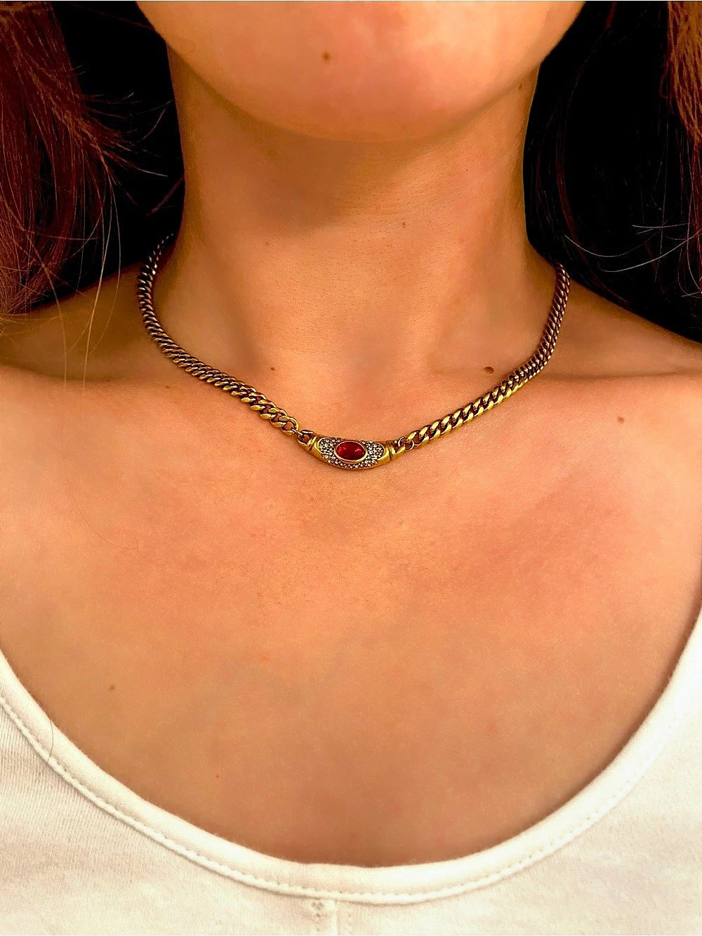Gold-Tone Red Pendant Necklace Inspired by Bella Hadid’s Vintage Bulgari
